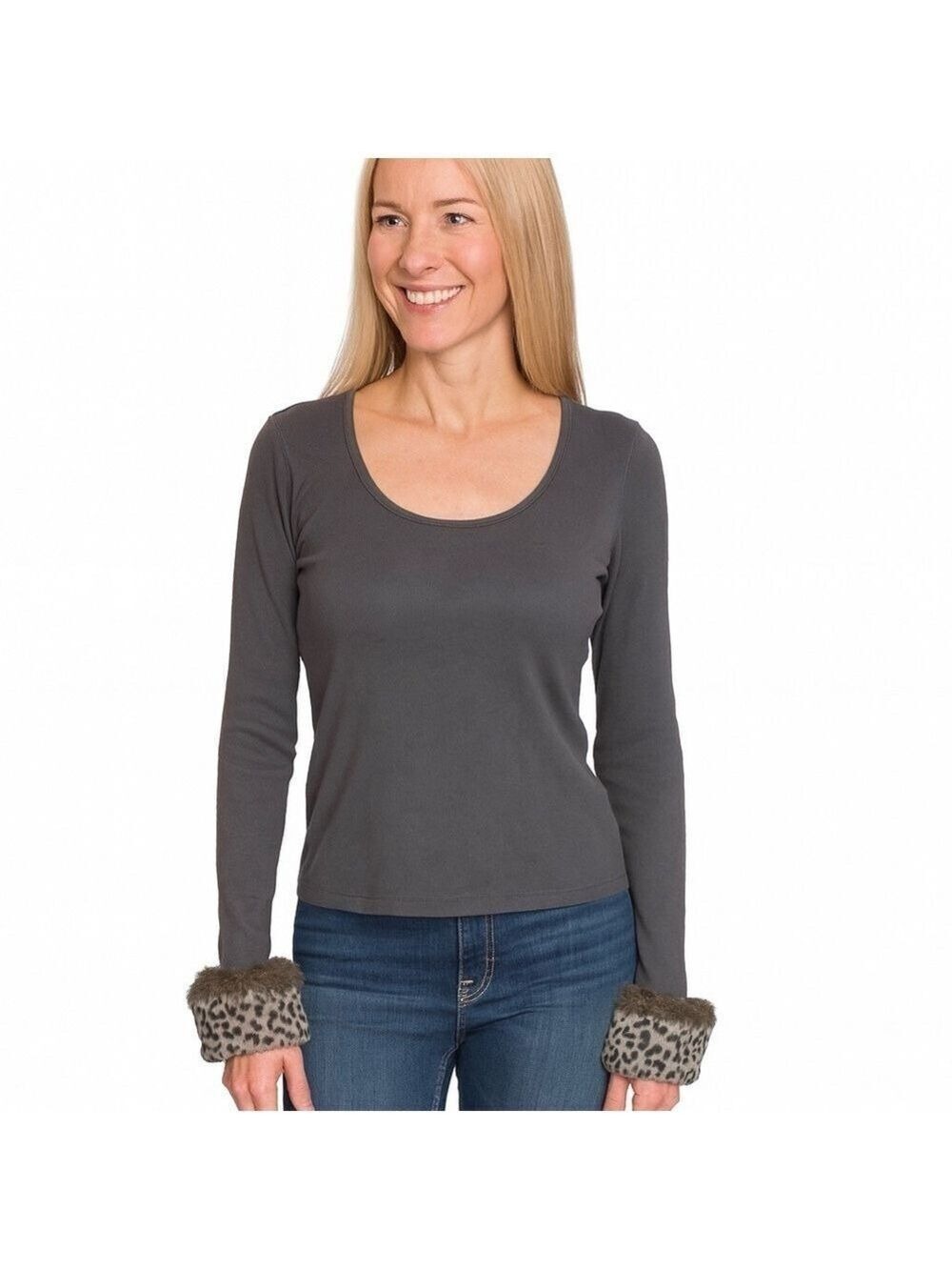 KOJI YOHJI Vintage Gray Scoop Neck Sweater with faux Cheetah Fur Wrists Size L